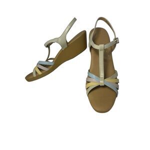 Vintage 70s Sandals YoYos Strappy Hippie Groovy Wedge Heel Pastel Leather 8.5